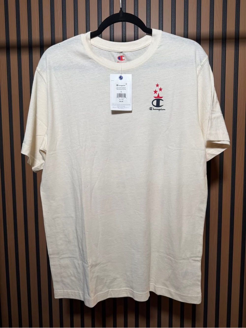 Champion Men’s Cream Short Sleeve Logo Tee with Red Star Detail